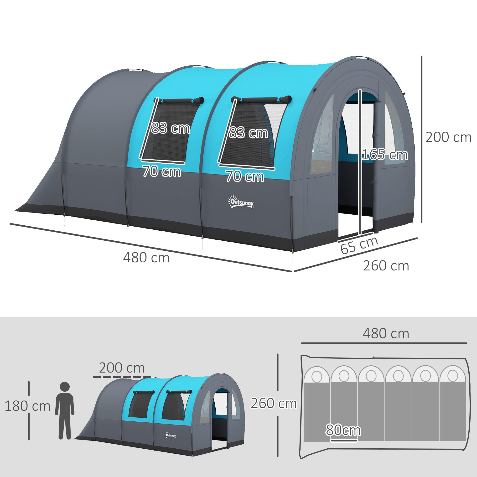 Outsunny Tenda da Campeggio 5 Posti con Zona Notte e Giorno Separate Grigio Blu 3/8