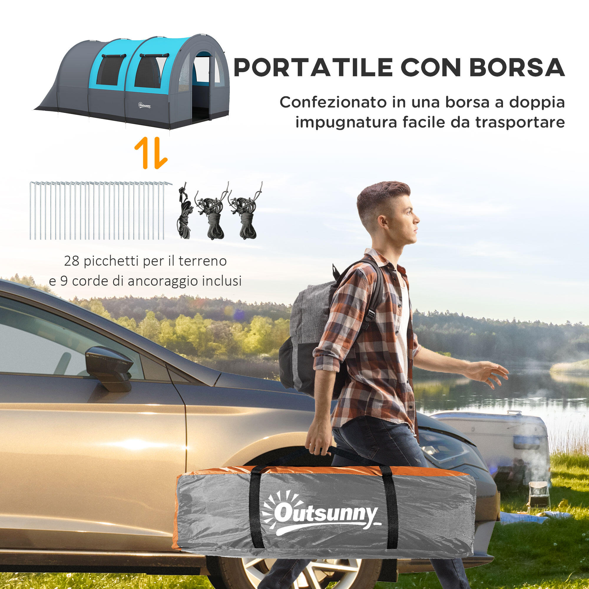 Outsunny Tenda da Campeggio 5 Posti con Zona Notte e Giorno Separate Grigio Blu 7/8