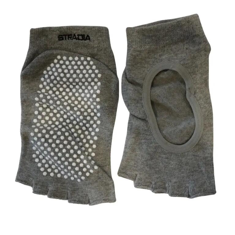 Black low-cut yoga grip socks with open tops and non-slip soles