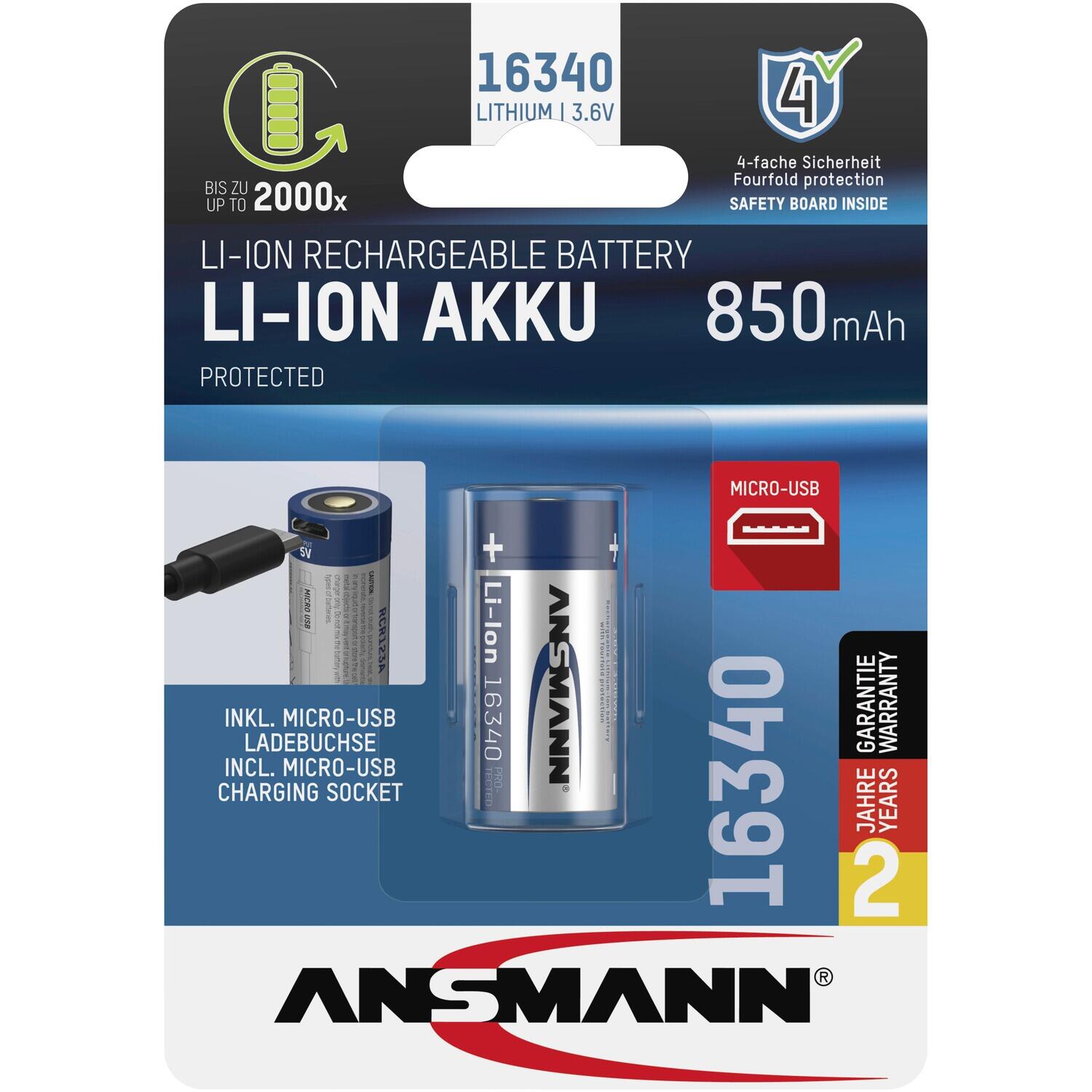 Akku Li-Ion 16340 850 mAh micro USB 5/7