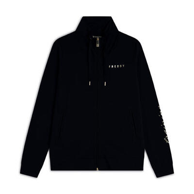 Felpa zip collo alto con dettagli floreali e stampa su manica