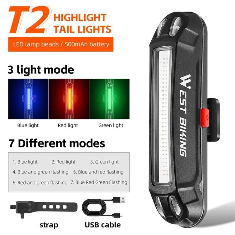 Feu arrière de vélo LED lumineux USB, lampe d'avertissement de cyclisme - T2 2/7