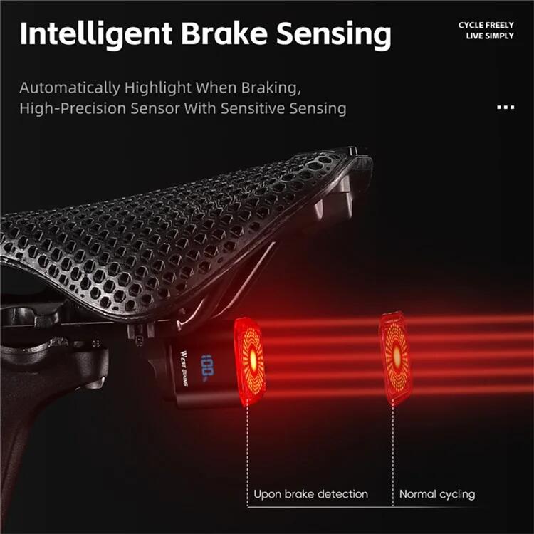 Inteligentna tylna lampa rowerowa, wykrywanie hamulca, wskaźnik baterii 4/7