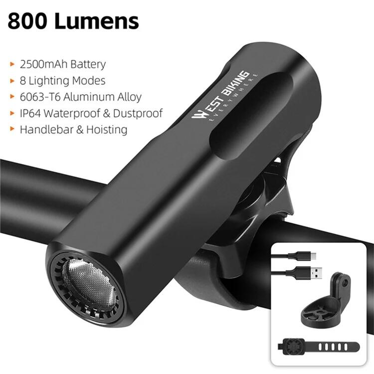 Phare avant de vélo lumineux 800LM en alliage d'aluminium   - Noir 3/7