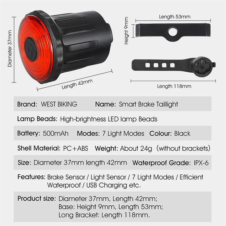 Feu arrière de vélo LED rechargeable USB à induction de frein intelligent 7/7