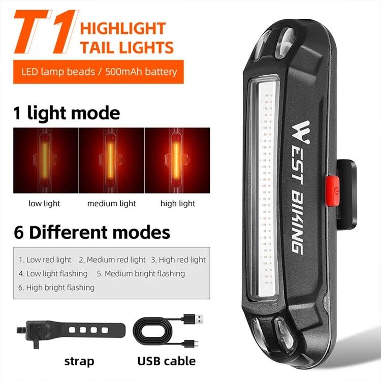 Luz traseira de bicicleta LED USB brilhante, lâmpada de aviso para ciclismo - T1 2/7