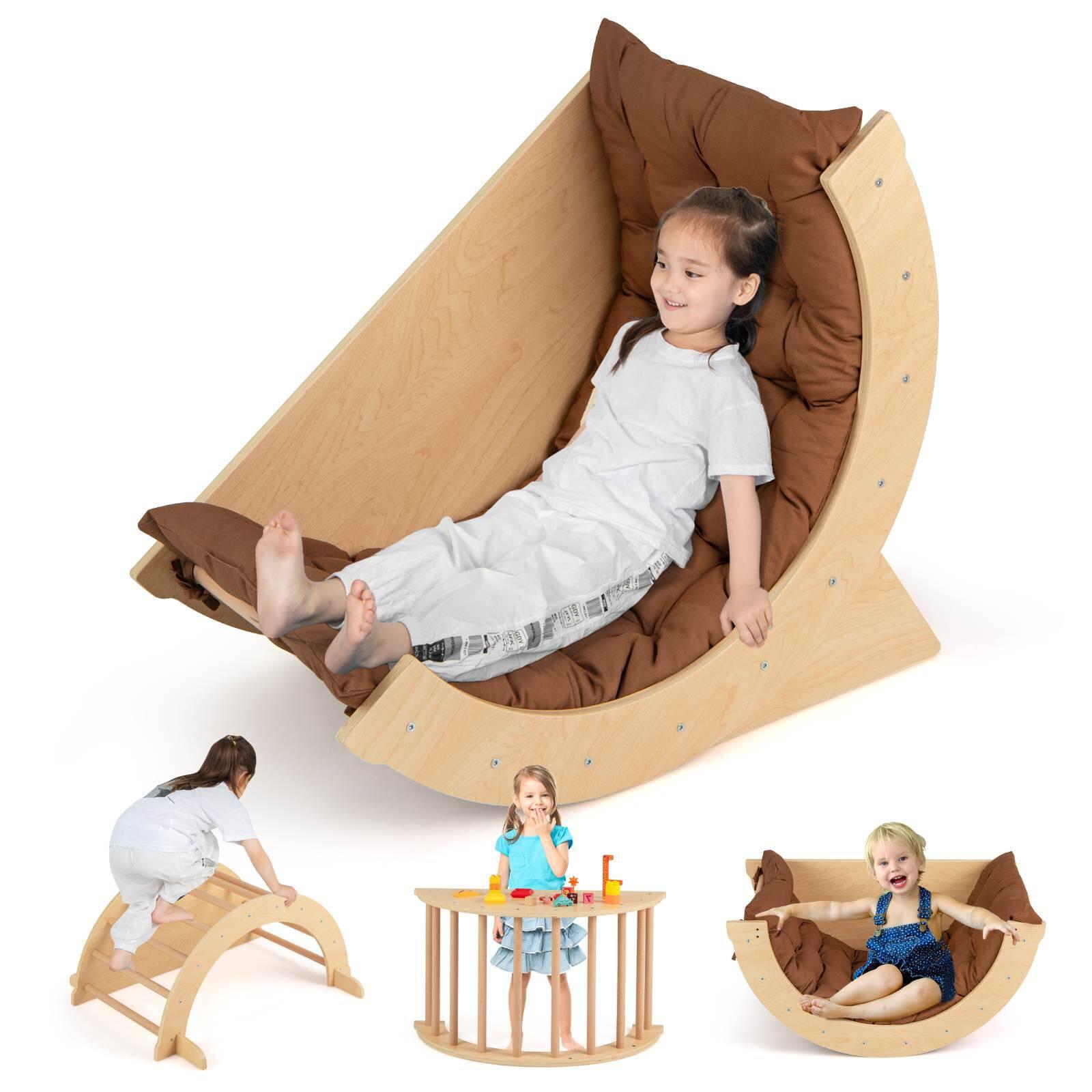 6 in 1 Climbing Arch Playset Wooden Rocker Toy w/Removable Brown Cushion
