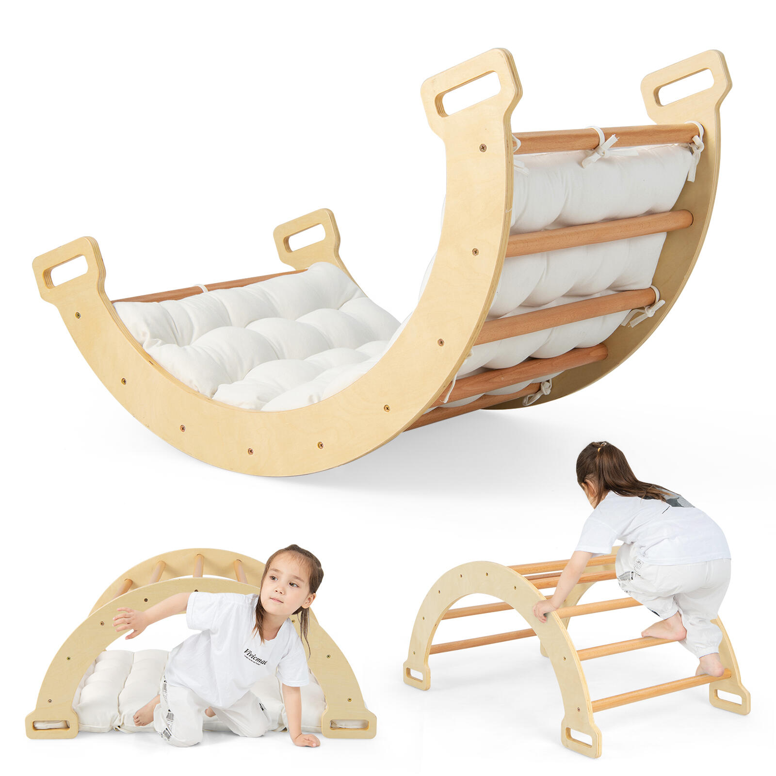 3-in-1 Climbing & Rocking Toy Double-Sided Arch Playset w/Cushion Natural