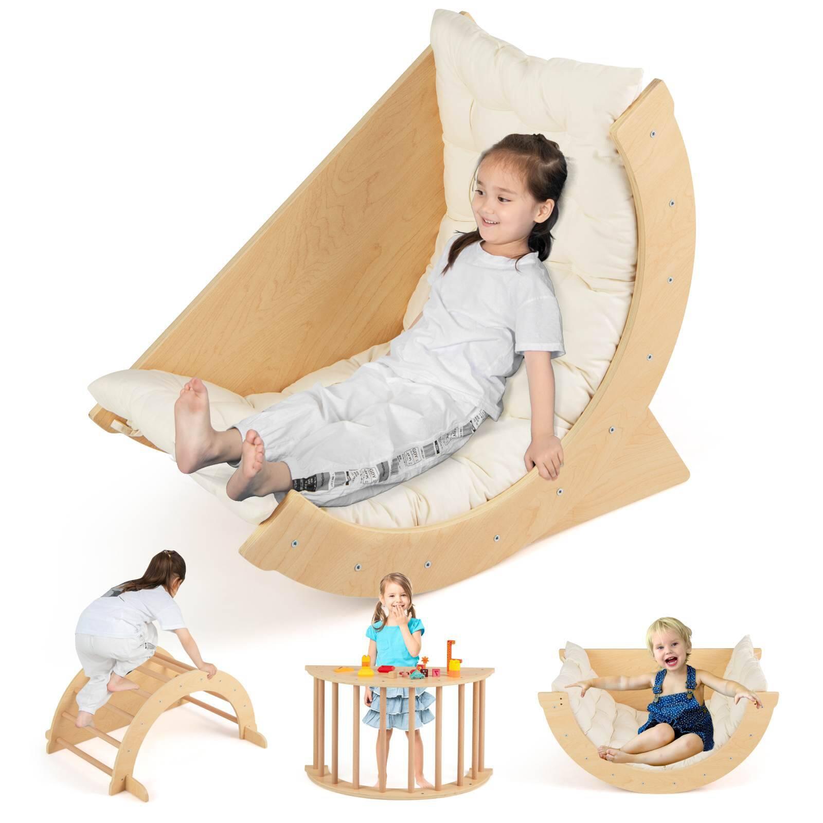 6 in 1 Climbing Arch Playset Wooden Rocker Toy w/Removable Natural Cushion