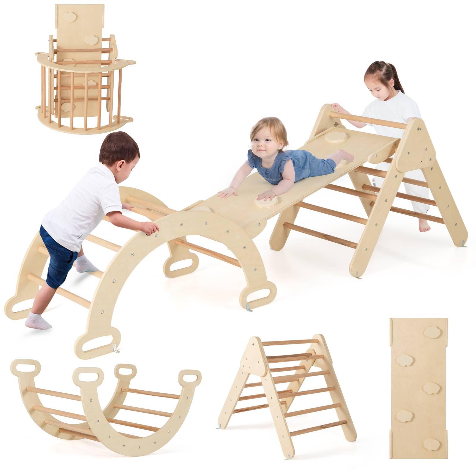7-in-1 Triangular Climbing Toys Set w/Arch Ramp Rocker Natural