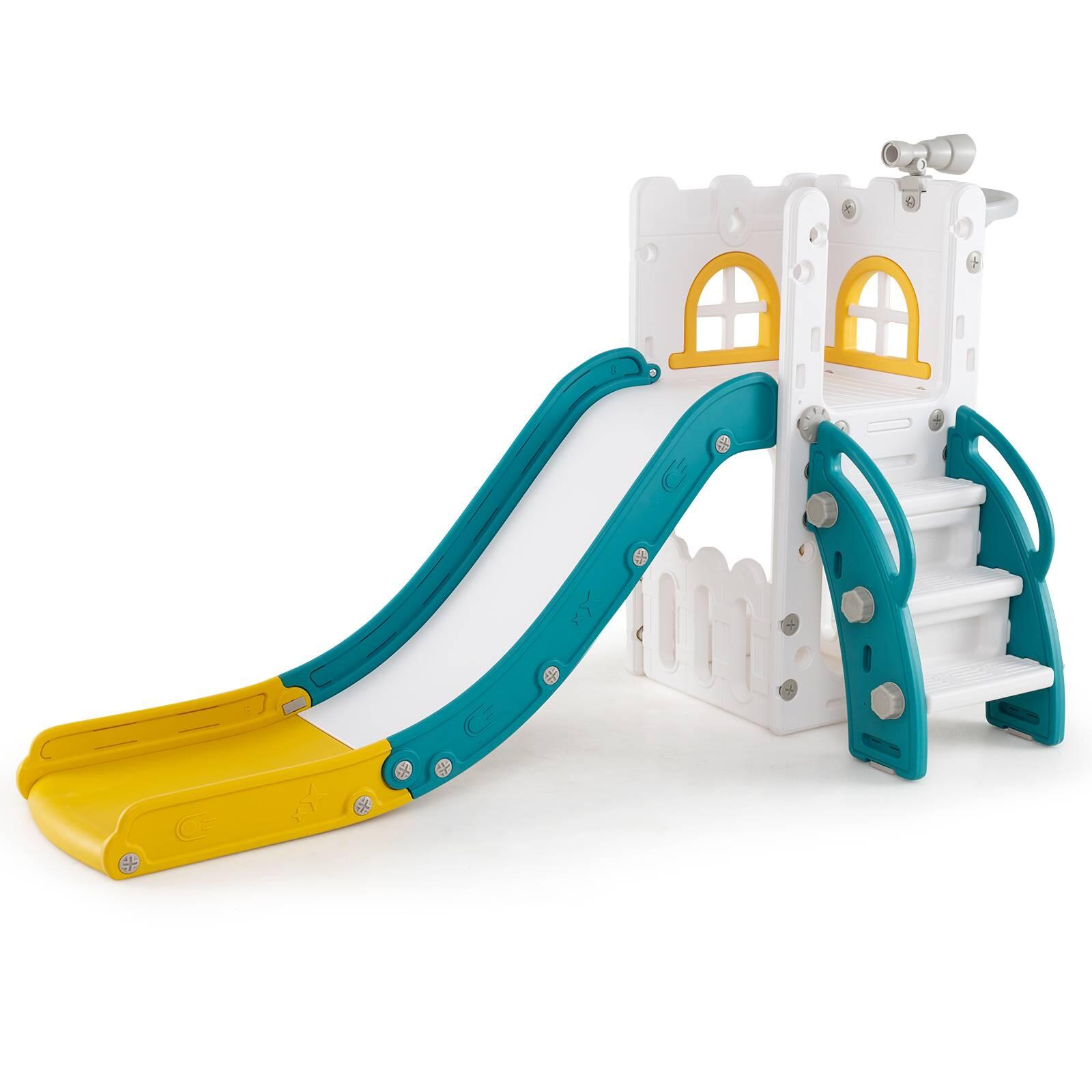 6 in 1 L-shaped Toddler Slide Playset w/Basketball Hoop & Telescope Yellow