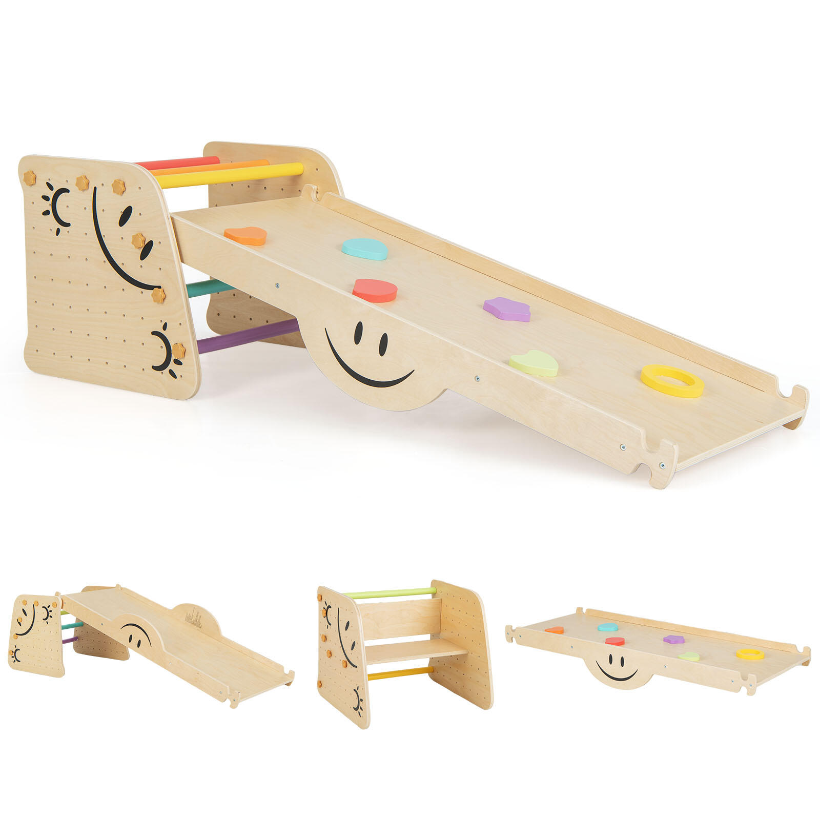 Wooden Triangle Climbing Toy Set w/Seesaw/Dual-sided Ramp Natural
