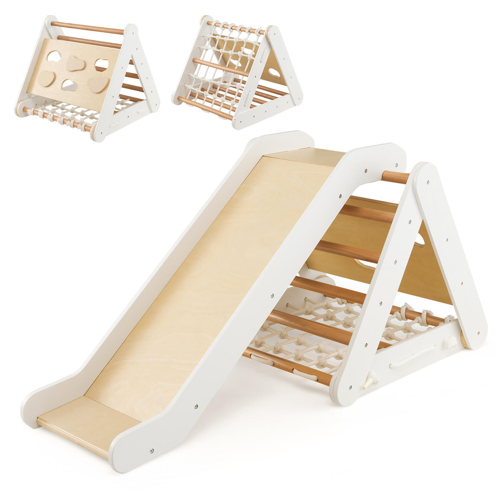 4-in-1 Climbing Frame Playset Triangle Climber Slide Set Natural