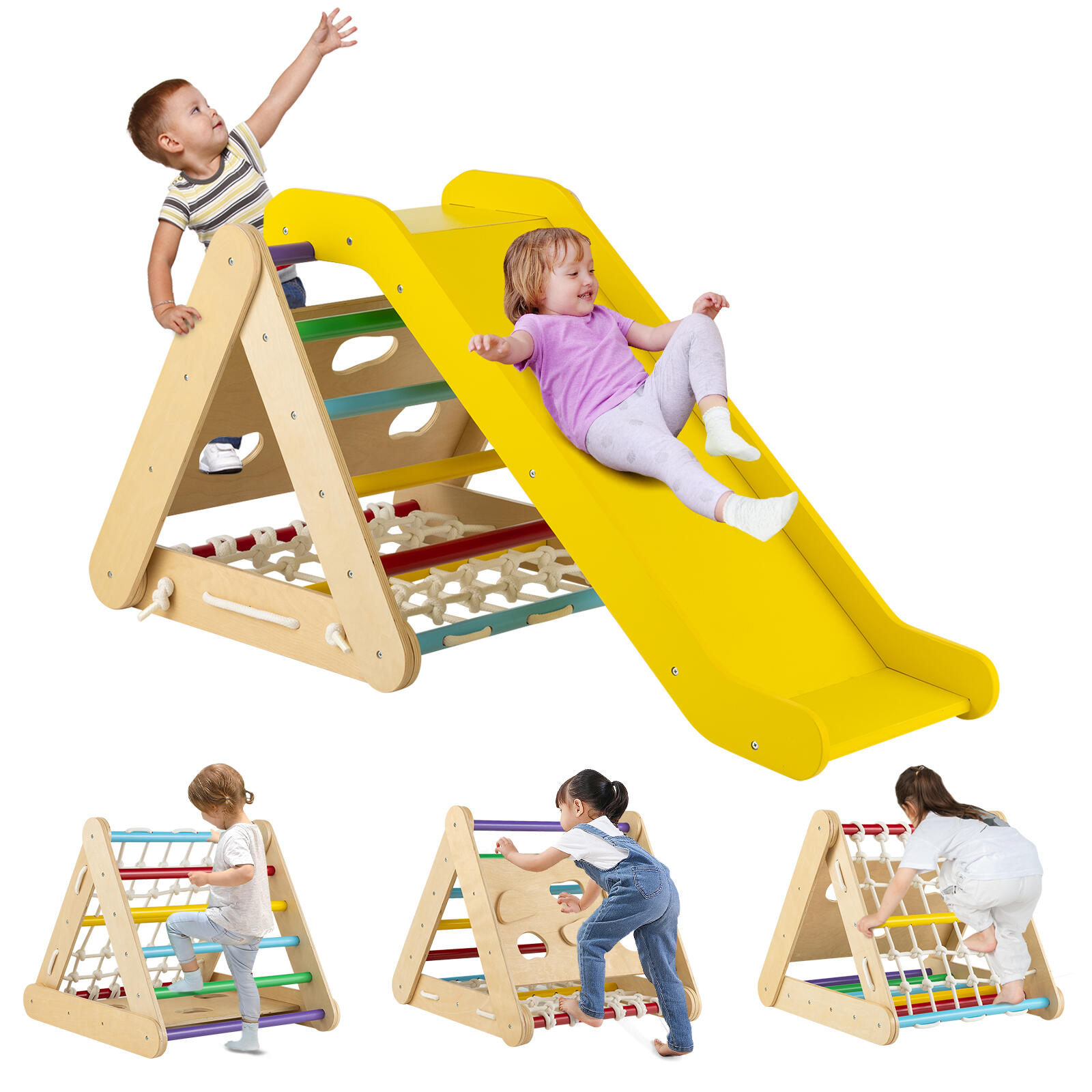 4-in-1 Climbing Frame Playset Triangle Climber Slide Set Colorful