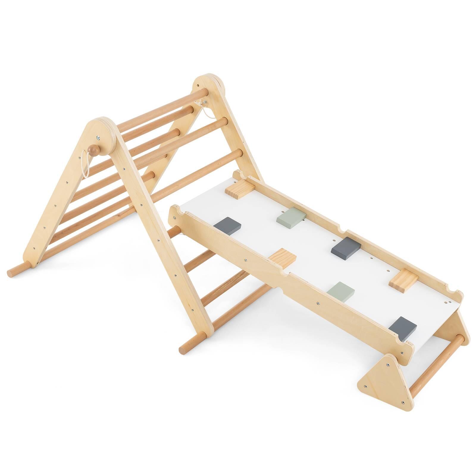 3-in-1 Pikler Triangle Climbing Set w/Dual-Side Ramp Wooden Climber Toy