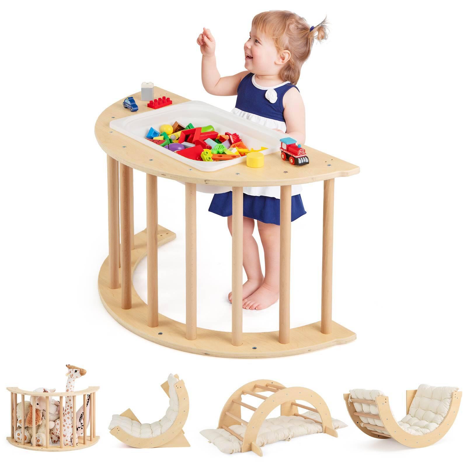 6-in-1 Wooden Kids Climbing Arch Playset w/Removable Cushion 80x68.5x39
