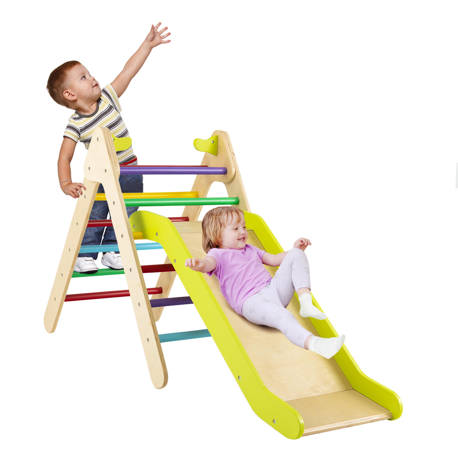 2-in-1 Climbing Triangle Ladder w/Ramp Outdoor Activity Center Colorful