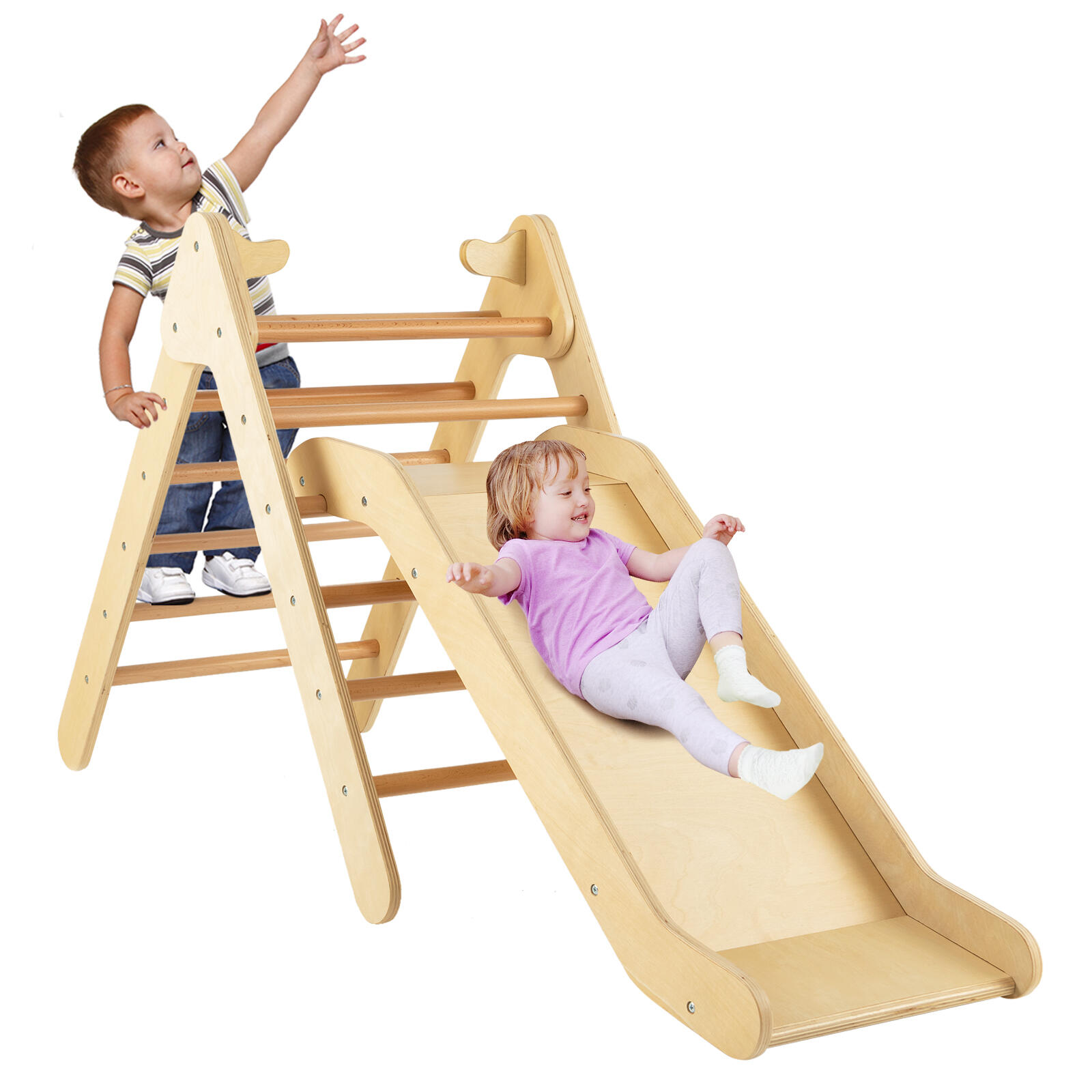 2-in-1 Climbing Triangle Ladder w/Ramp Outdoor Activity Center Natural