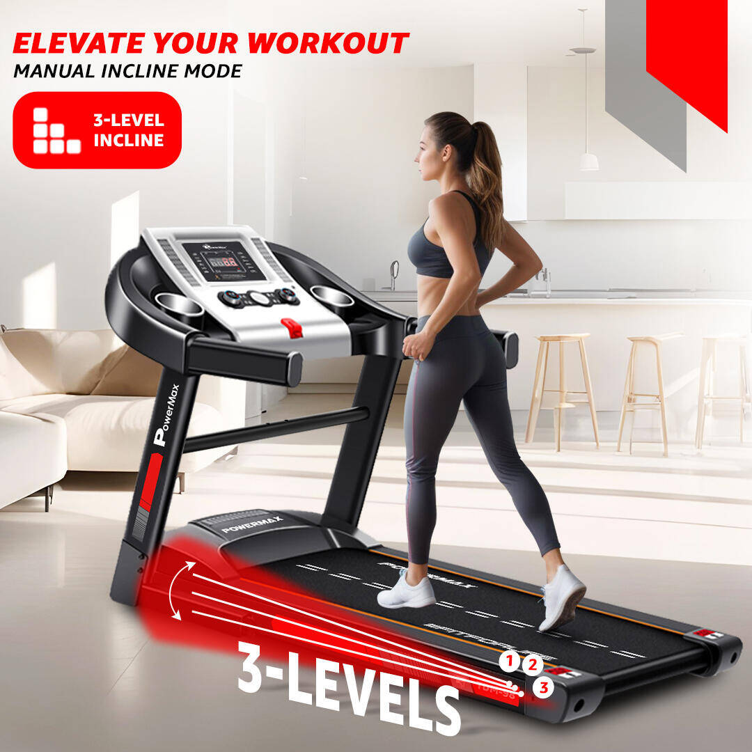 PowerMax Fitness TDM-98 4HP Foldable Motorized Manual Incline Treadmill for Home Use, 110kg Max User, Top Speed-12kmph, Heart Rate Sensors, AUX, Speaker, USB, LED Display, Black -  5