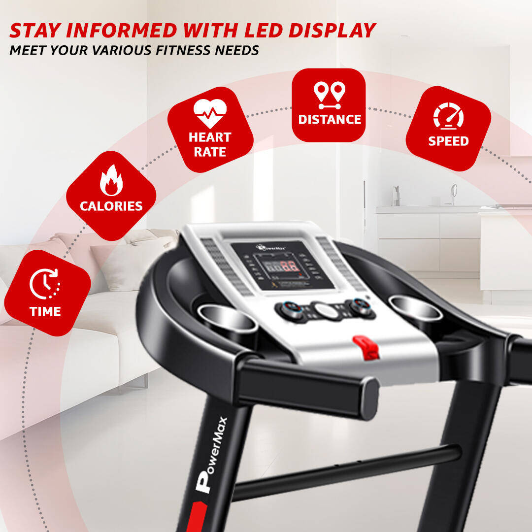 PowerMax Fitness TDM-98 4HP Foldable Motorized Manual Incline Treadmill for Home Use, 110kg Max User, Top Speed-12kmph, Heart Rate Sensors, AUX, Speaker, USB, LED Display, Black -  4