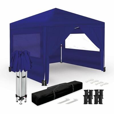 Opvouwbare tent 3x3m blauw upf50+ voor 10 personen met 4 wanden en draagtas