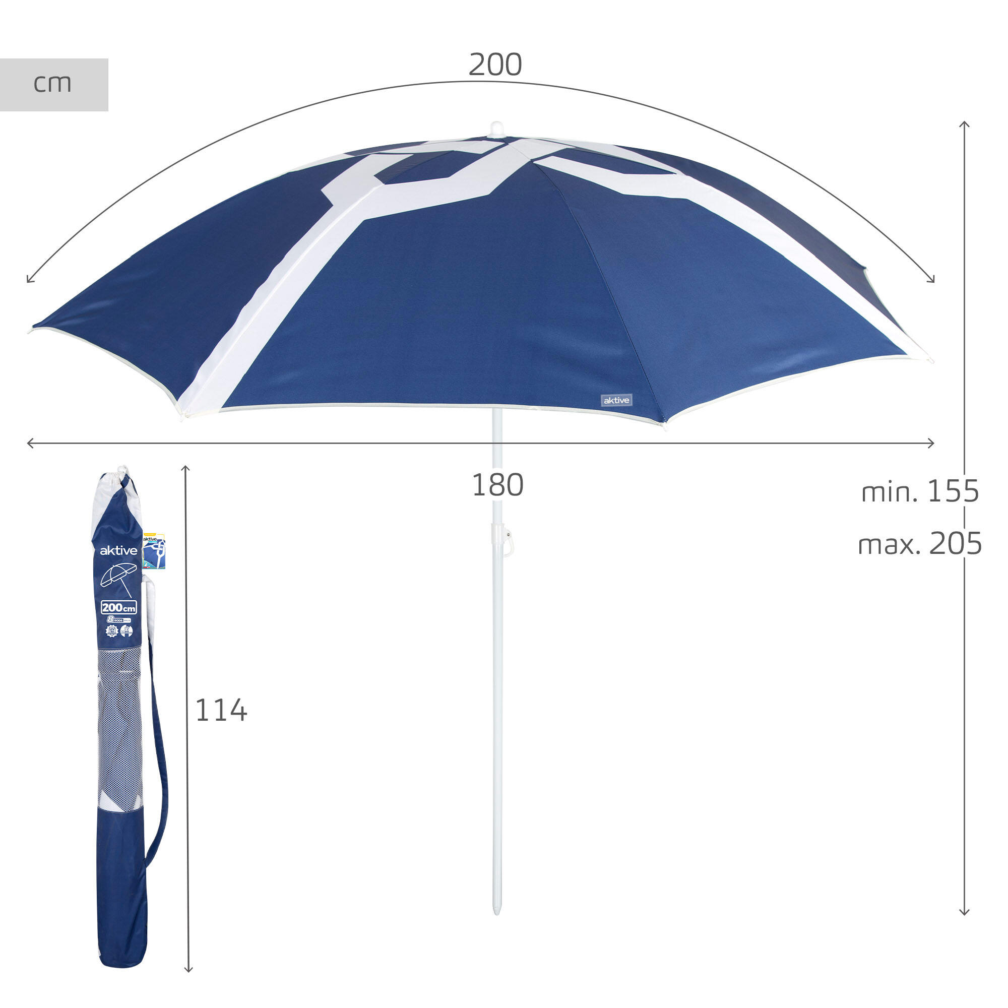 Aktive Ombrellone da spiaggia inclinabile a 8 stecche da 200 cm con stampa blu 4/7
