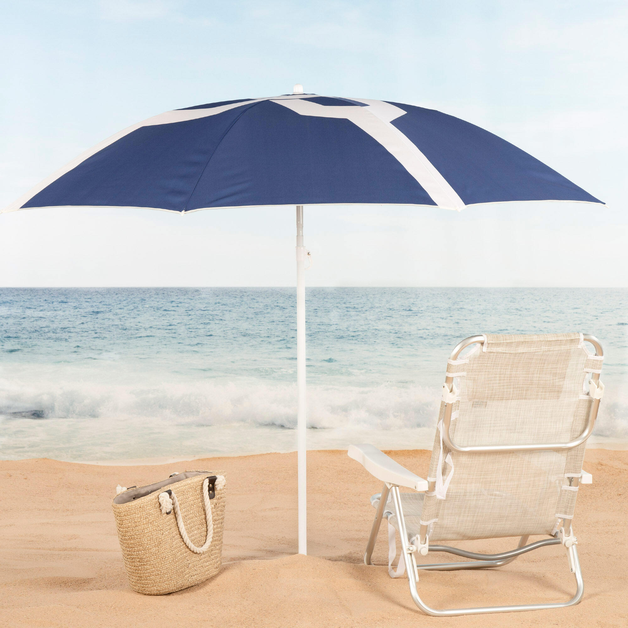 Aktive Ombrellone da spiaggia inclinabile a 8 stecche da 200 cm con stampa blu 2/7