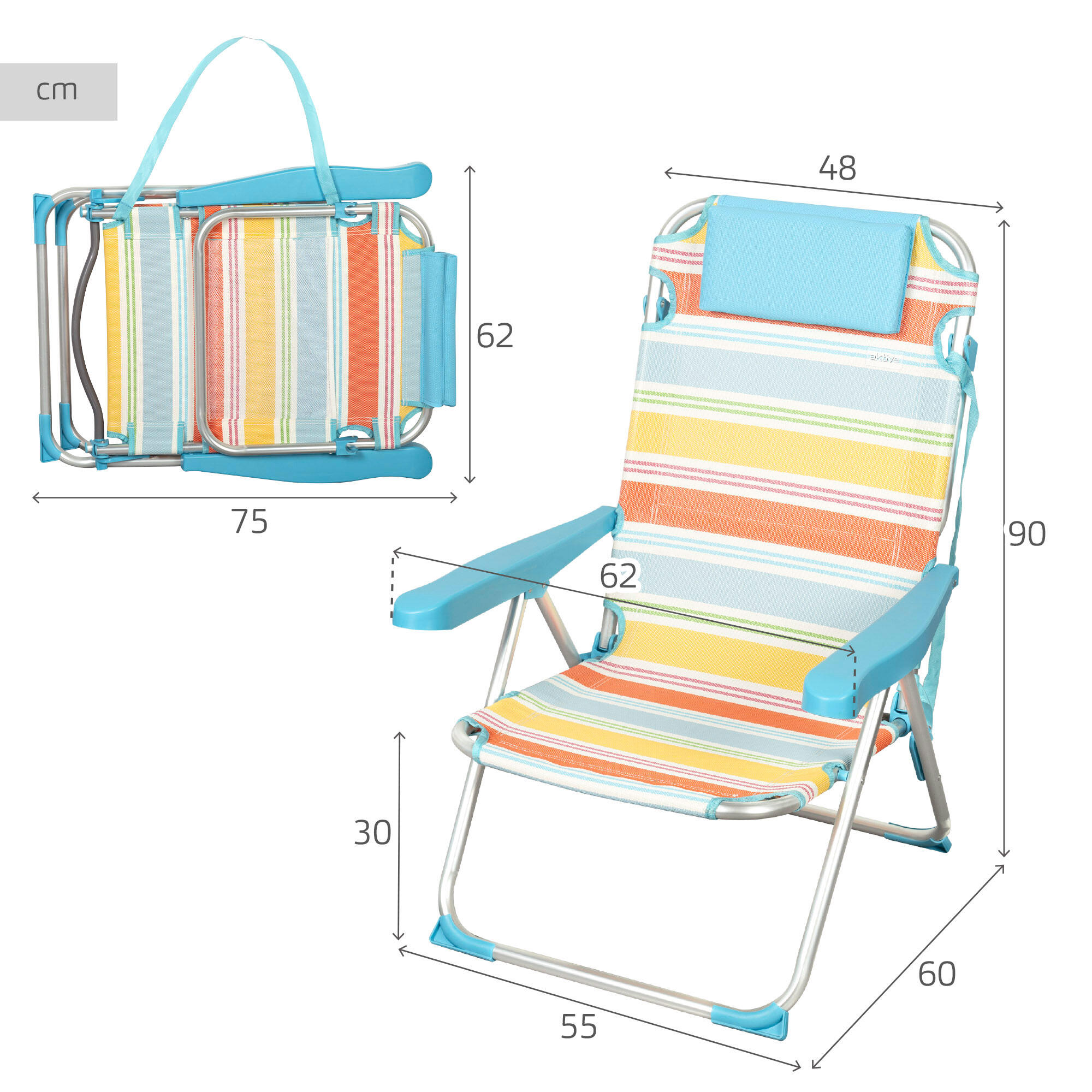 Aktive Sedia da spiaggia pieghevole a 5 posizioni 48x60x90 cm con cuscino 4/7