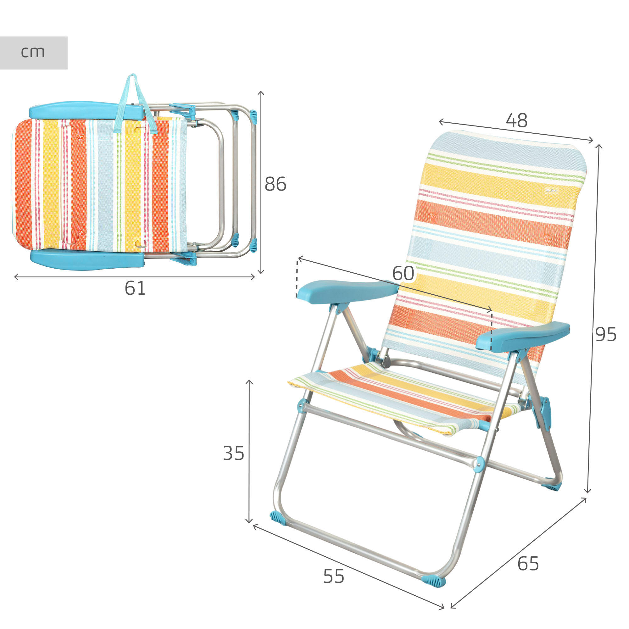 Aktive sedia da spiaggia pieghevole 48x65x95 cm strisce multicolori 5 posizioni 4/7