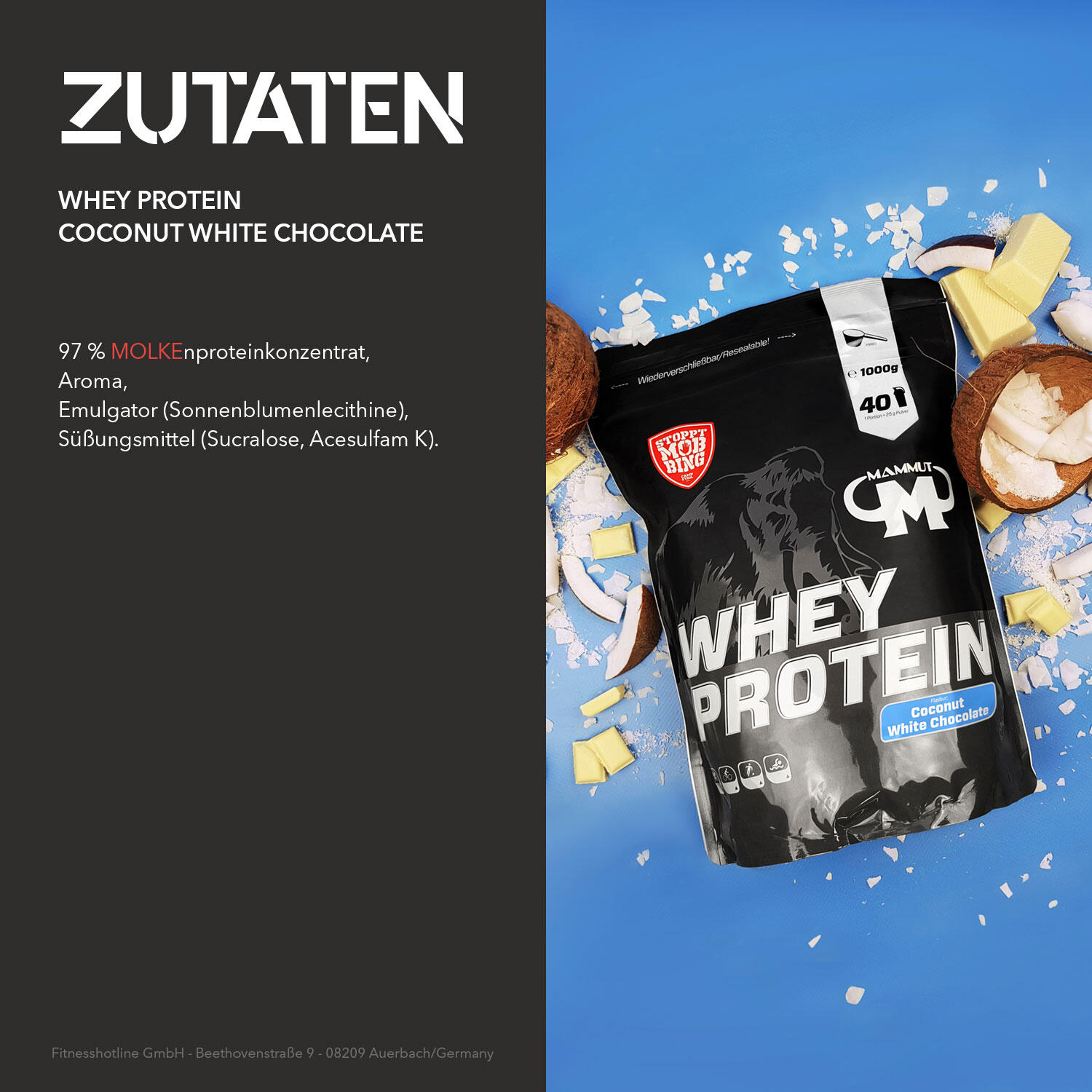 Whey Protein - Coconut White Chocolate  - 1000 g Zipp-Beutel 3/4