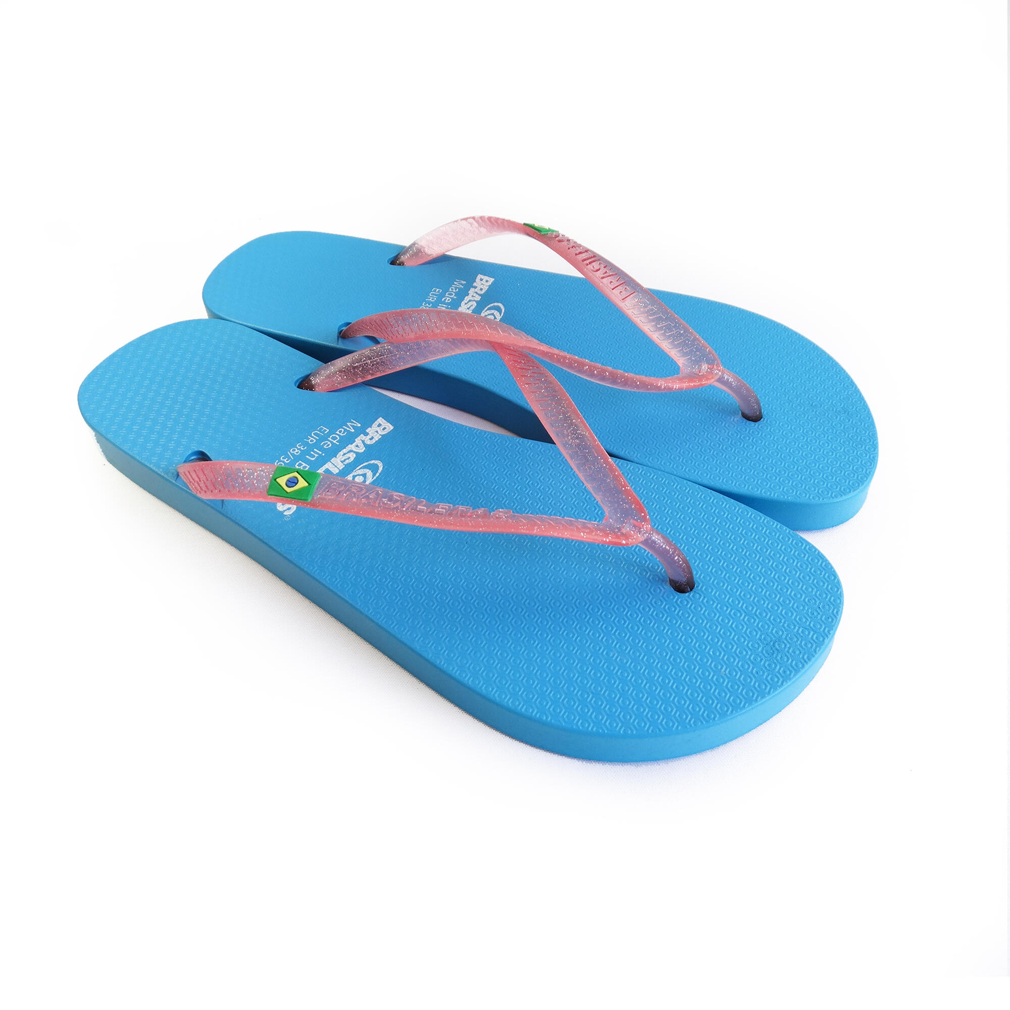 Damesstrandslippers in lichtblauw en roze met rubberen zolen 4/5