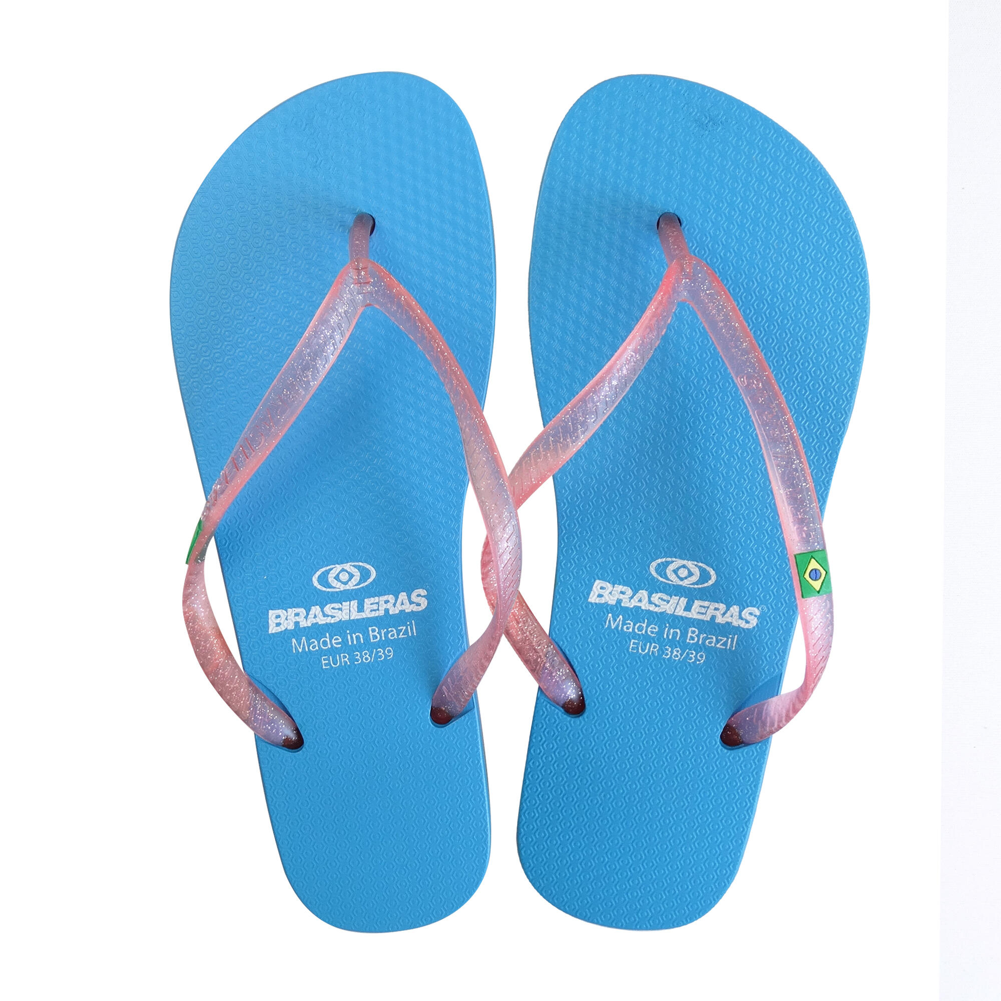 Damesstrandslippers in lichtblauw en roze met rubberen zolen 2/5