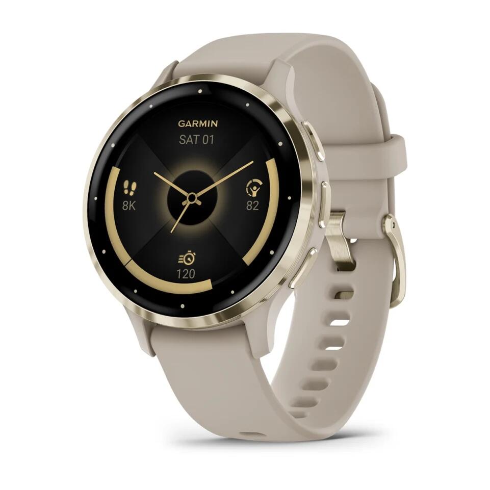 Venu® 3S
Soft Gold Stainless Steel Bezel with French Gray Case and Silicone