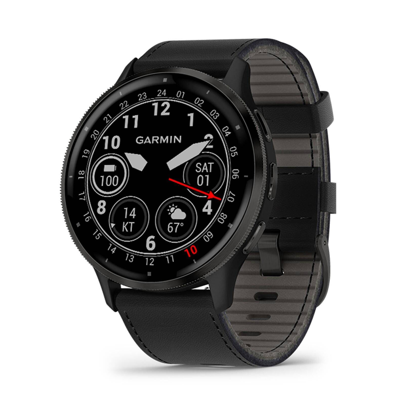 Venu® 3
Slate stainless steel bezel with black case and black leather band