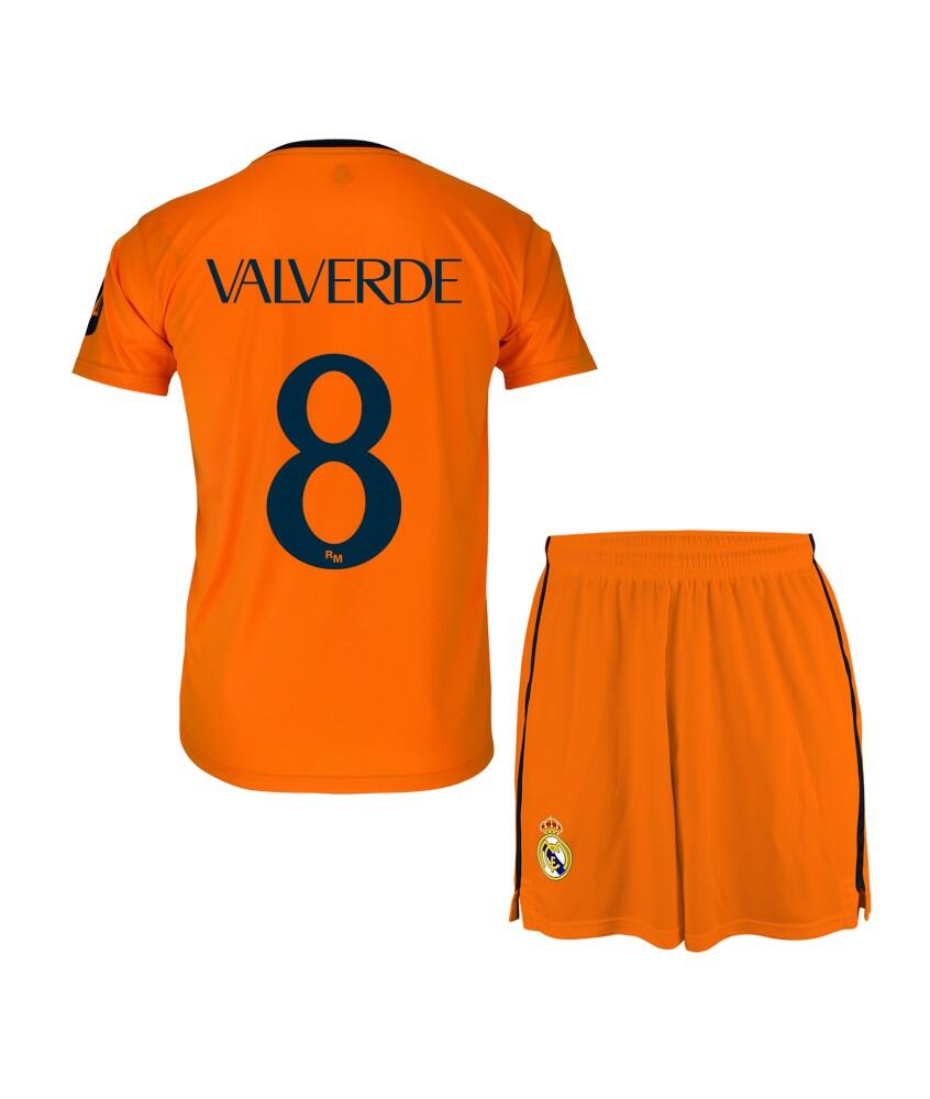 Camiseta RM Naranja Con Dorsal De Valverde – Equipación Adulto, Tejido Transpirable, Para Aficionados