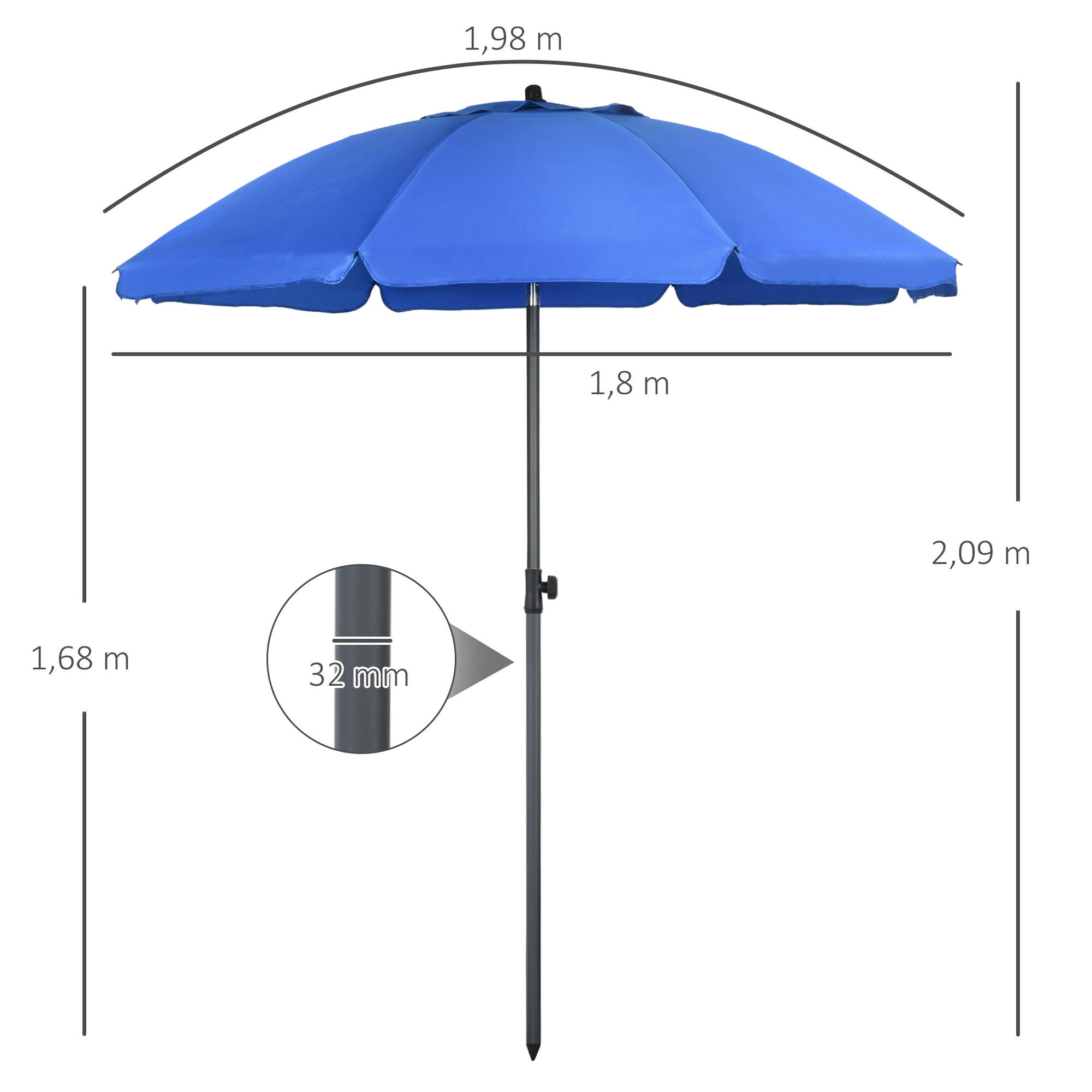 Chapéu de sol praia ø180x209 cm azul Outsunny 3/7