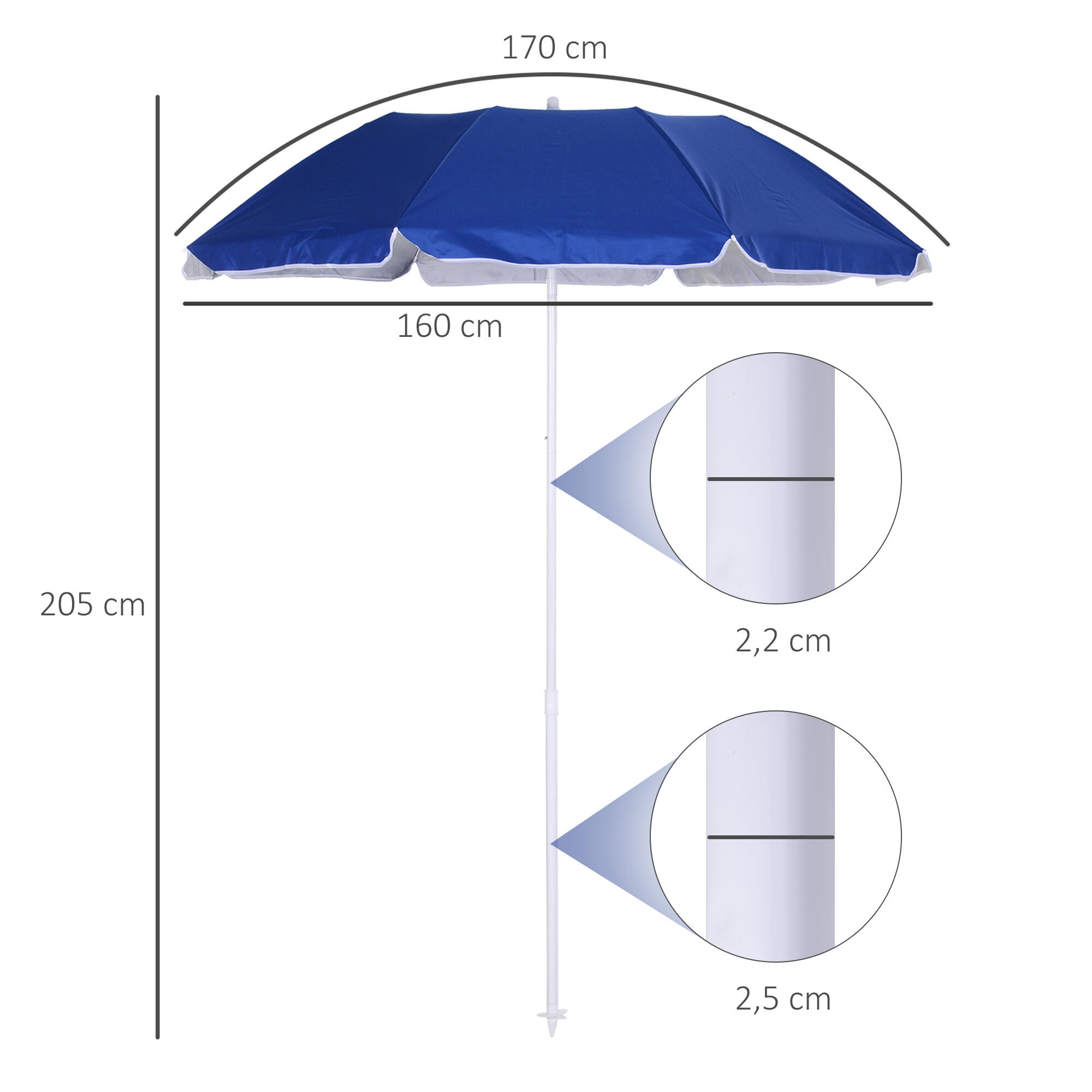 Chapéu de sol de praia ø160x205 cm azul Outsunny 3/7