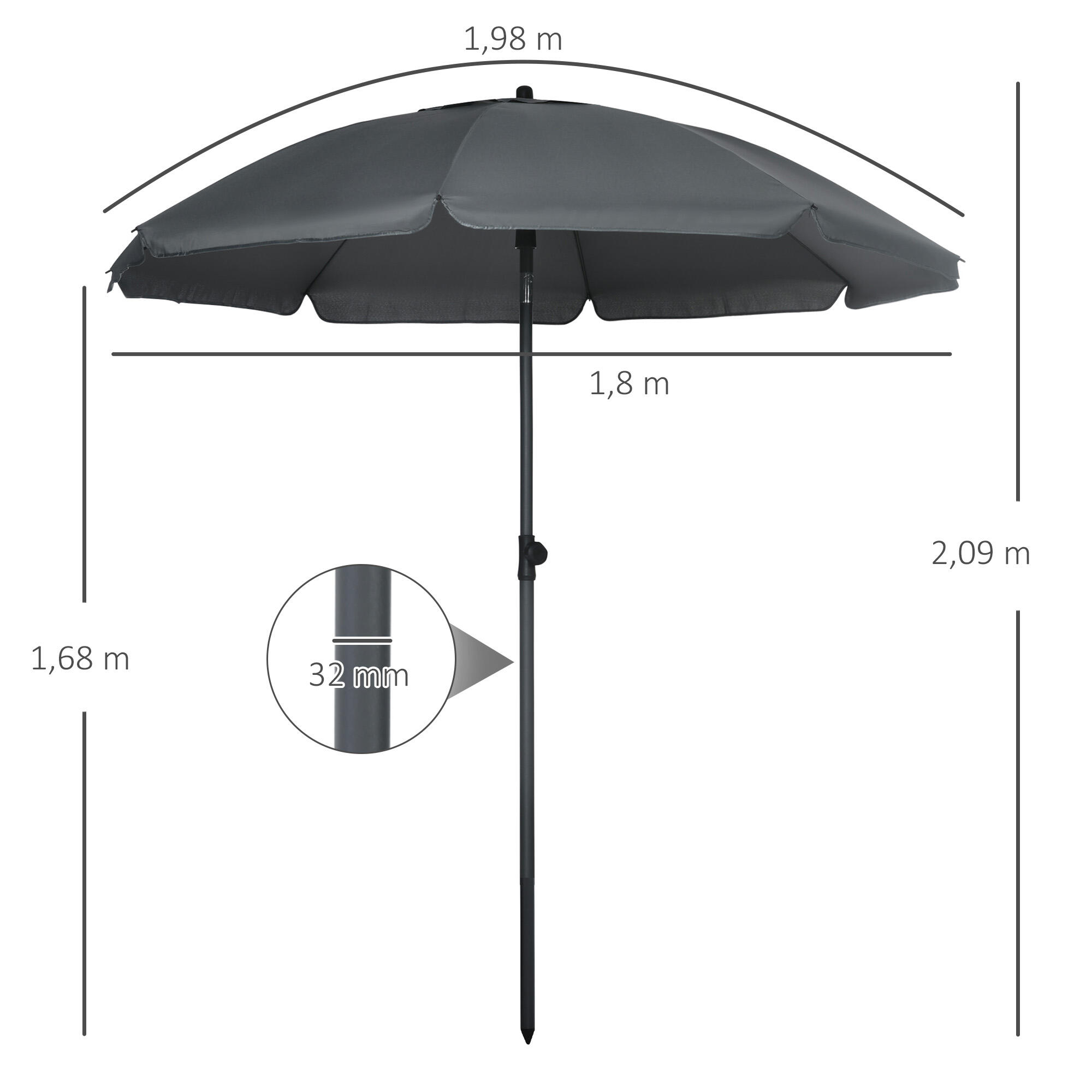 Sombrilla de Playa Outsunny 180x180x209 cm Gris Oscuro 3/7