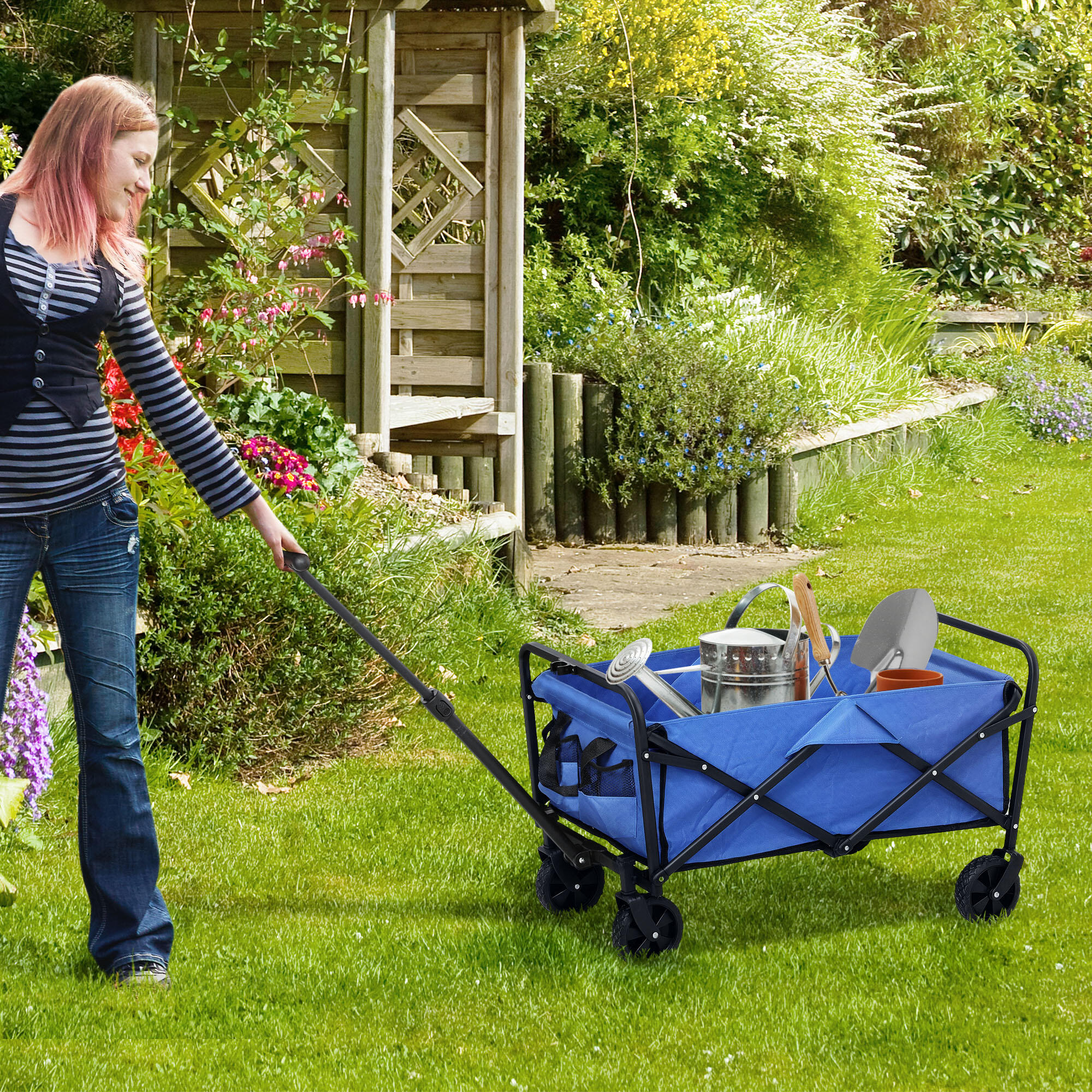 Outsunny Carrello da Esterno 62L Pieghevole con Manico Regolabile Blu 2/7