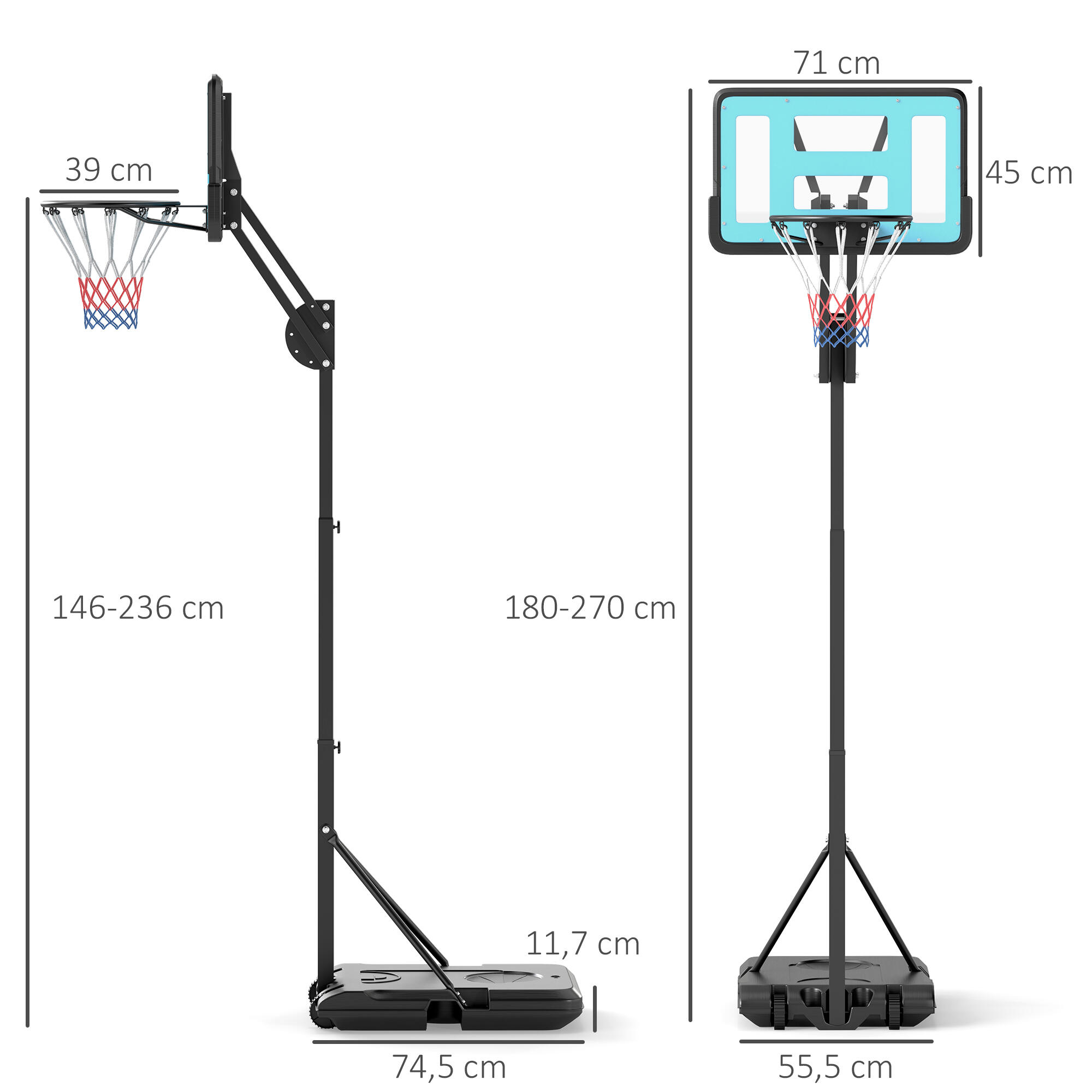 Tabela de basquetebol 71x45x146-236 cm preto SPORTNOW 3/7