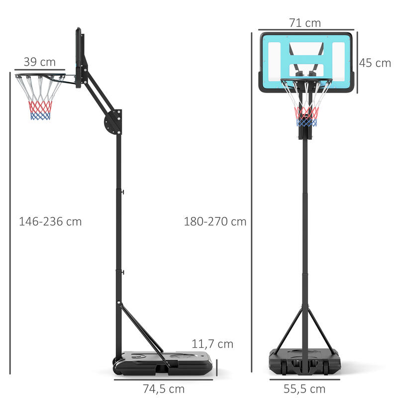 Tabela de basquetebol 71x45x146-236 cm preto SPORTNOW