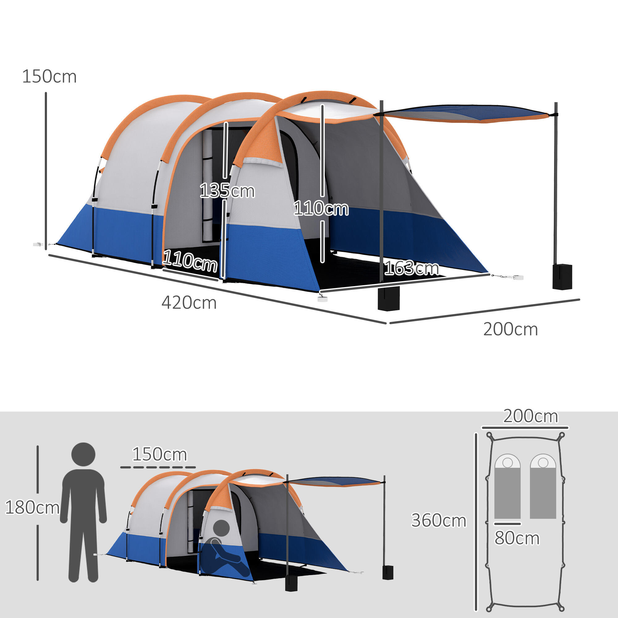 Outsunny Tenda da Campeggio 2-3 Posti Impermeabile con 2 Aree Arancione 3/8