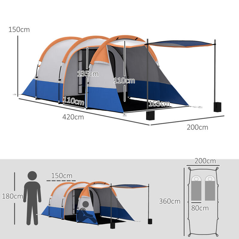 Cort de camping impermeabil Outsunny pentru 2-3 persoane cu 2 zone, portocaliu