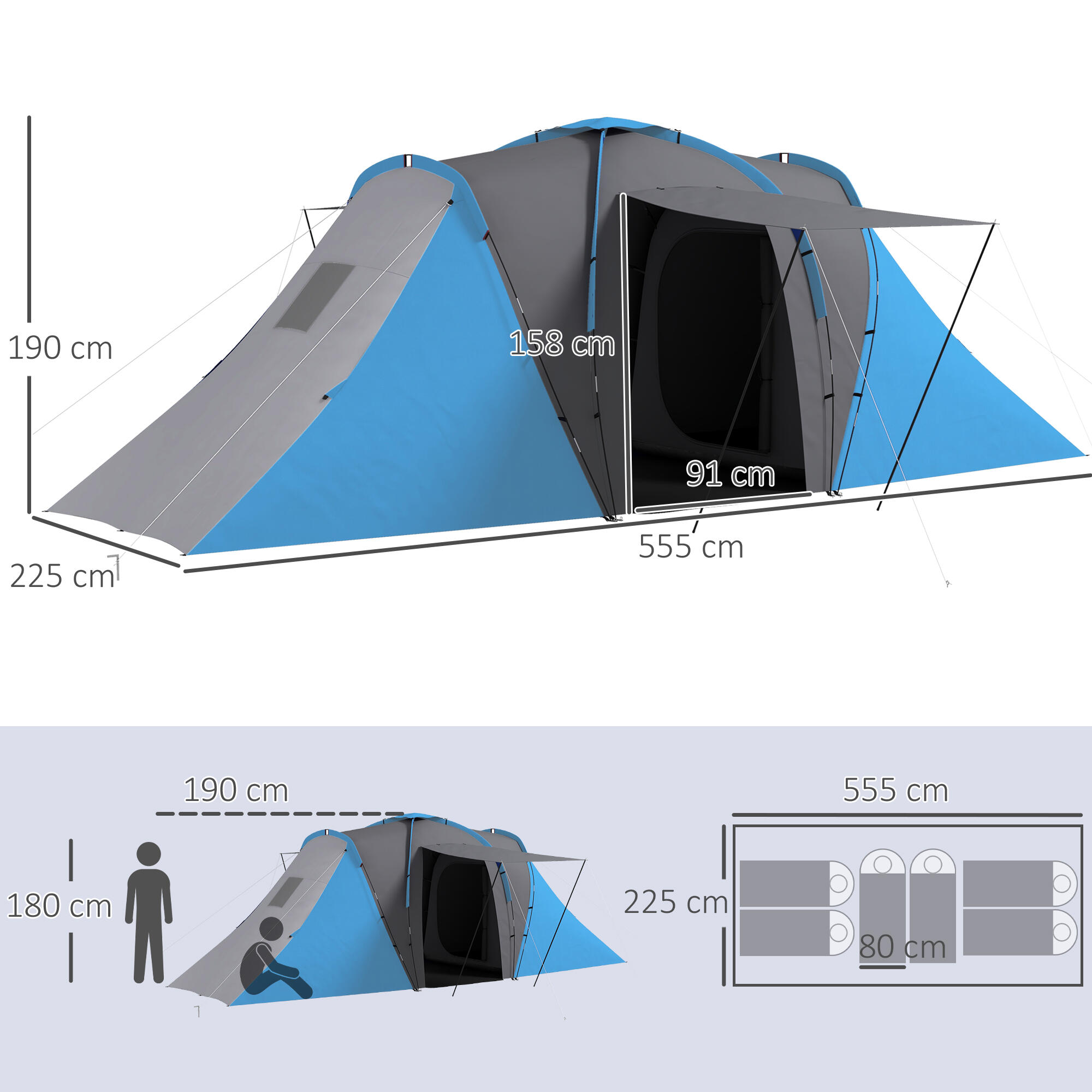Tenda campismo 555x225x190 cm cinza e azul Outsunny 3/7