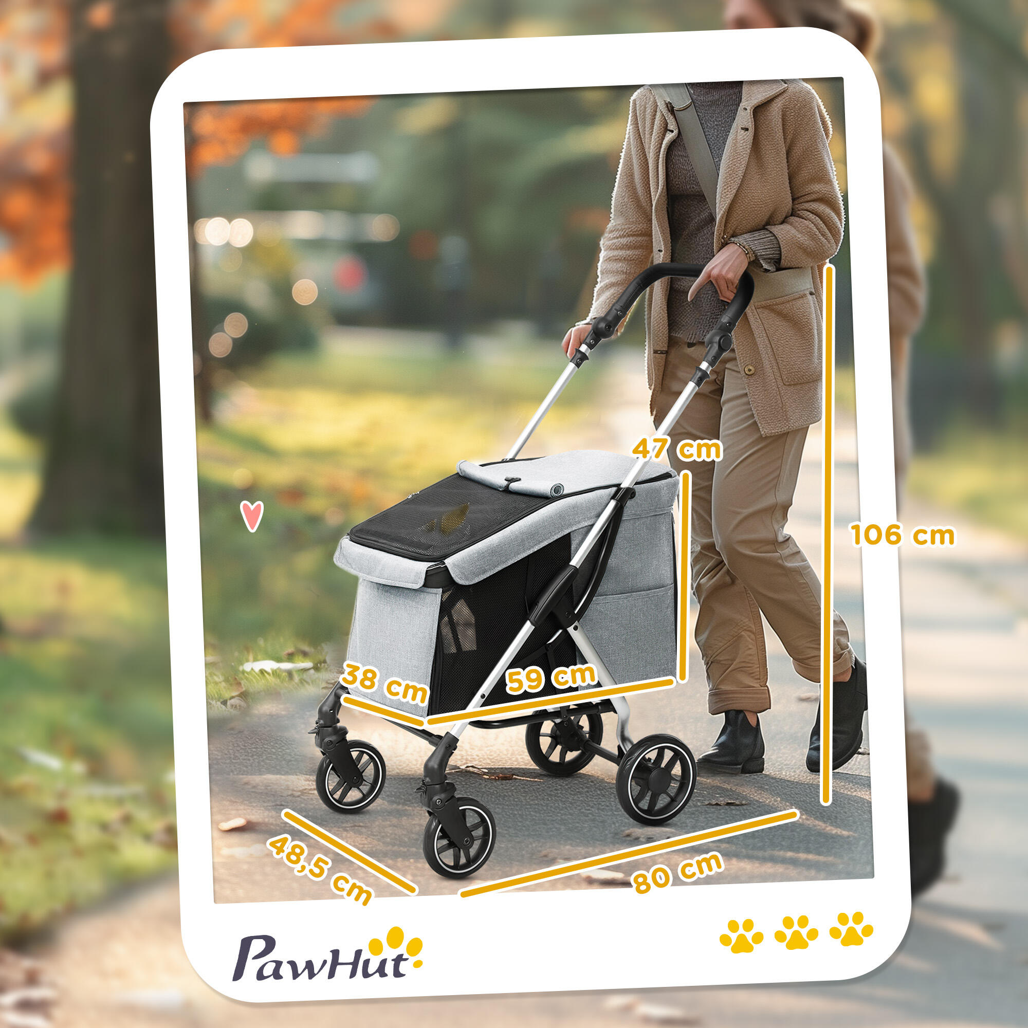 Cochecito para Perros PawHut 80x48.5x106 cm Gris Claro 3/7