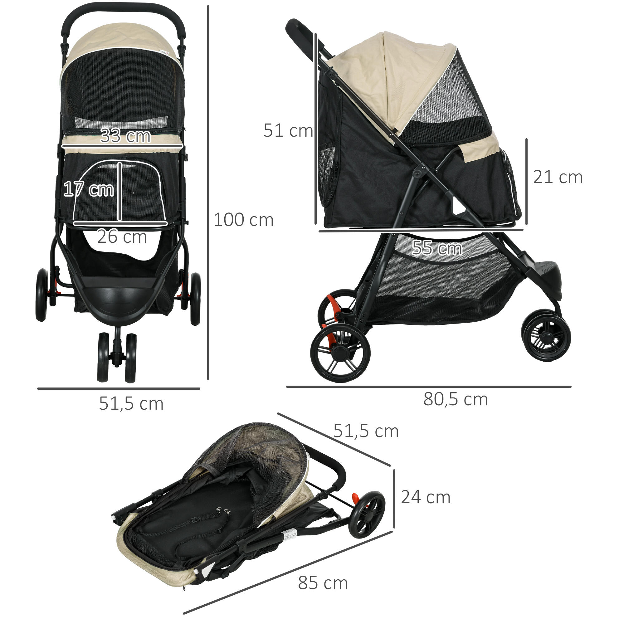 Cochecito para Perros PawHut 80.5x51.5x100 cm Caqui 3/7