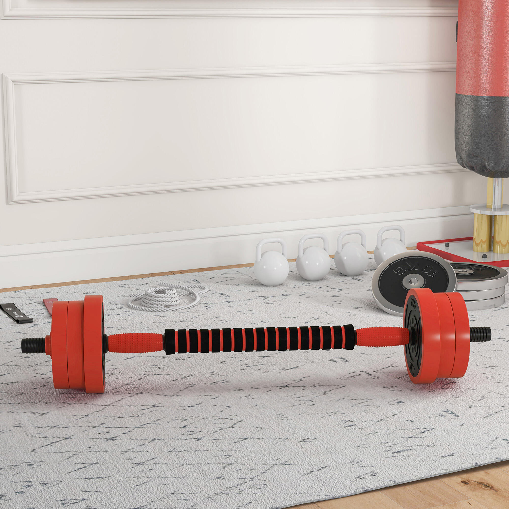 SPORTNOW Set Pesi Palestra 4 in 1 da 30kg Kettlebell, Manubri, Bilanciere Rosso 2/7