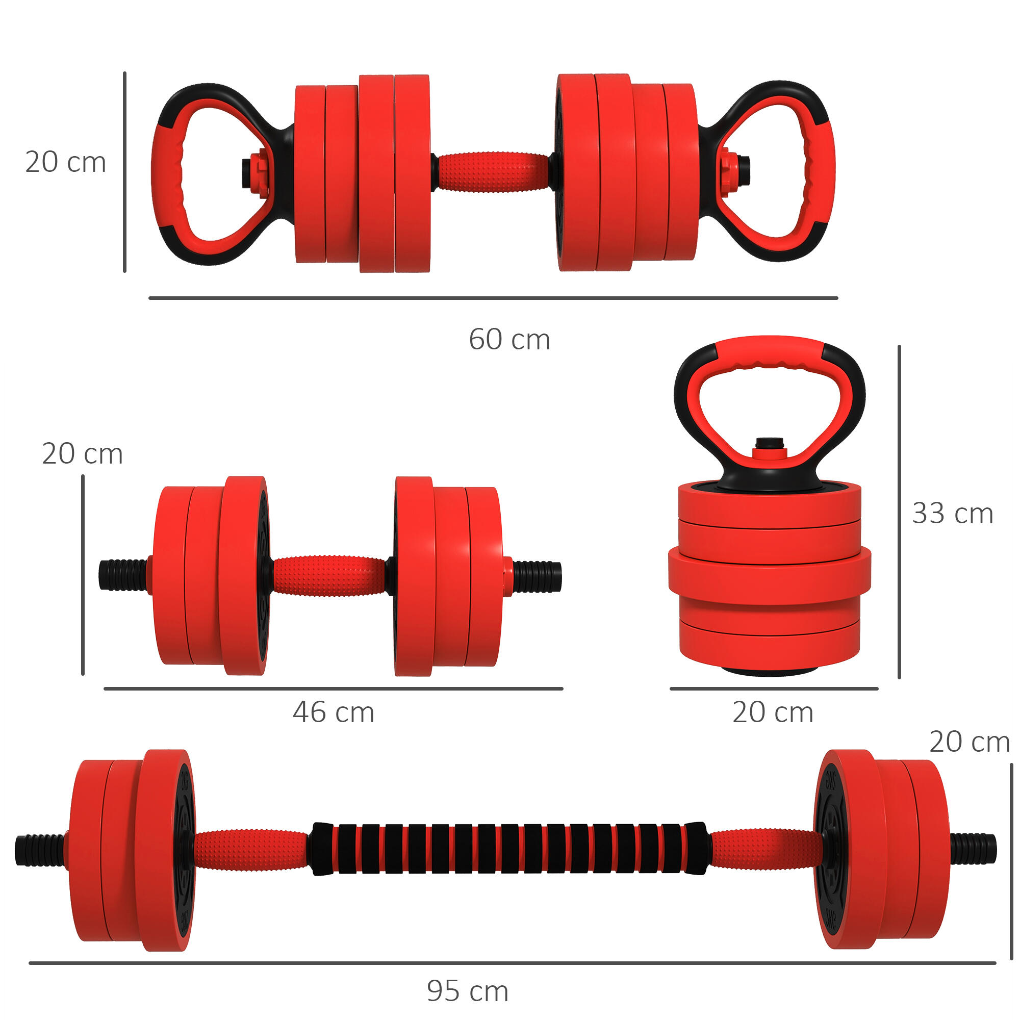 SPORTNOW Set Pesi Palestra 4 in 1 da 20kg Kettlebell, Manubri, Bilanciere Rosso 3/7