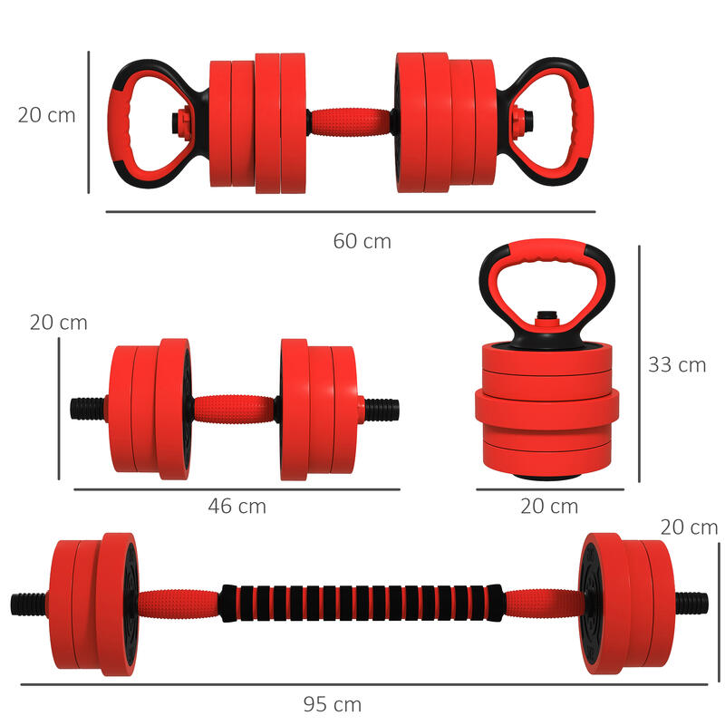 Set de greutăți SPORTNOW 4 în 1, 20 kg, cu kettlebell, gantere și halteră roșie