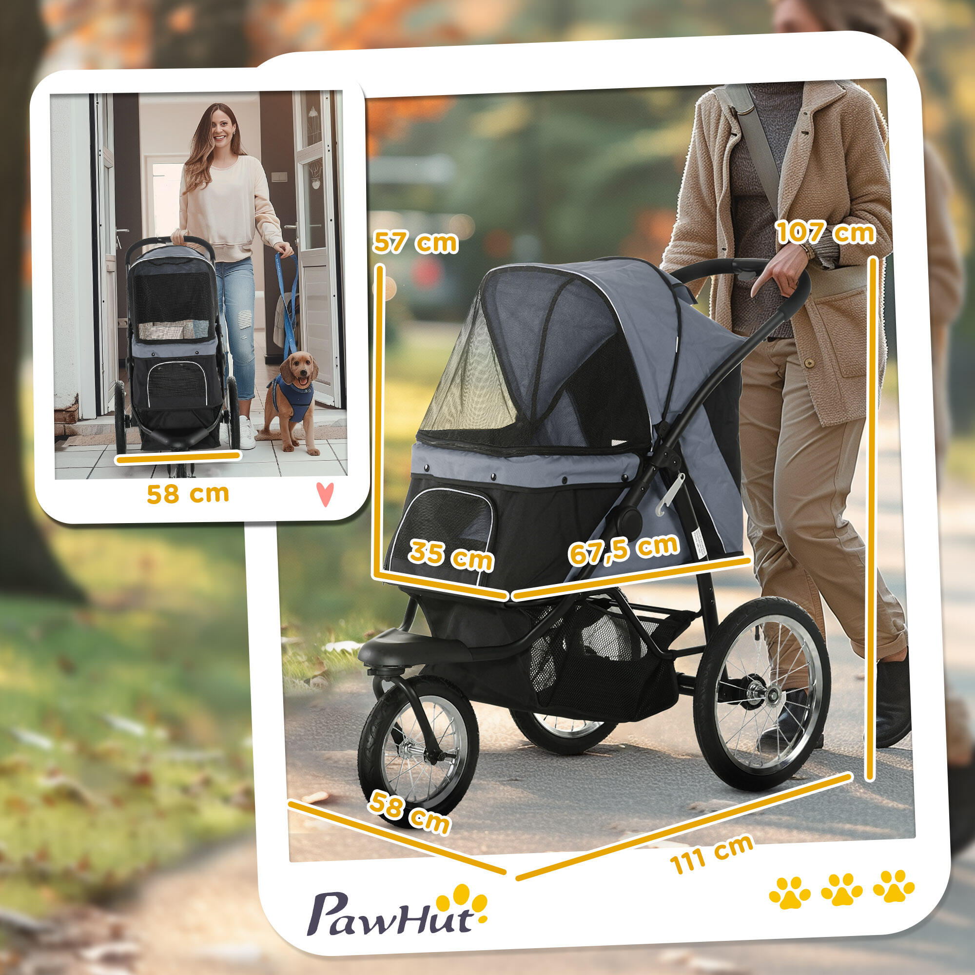 Cochecito para Perros PawHut 111x58x107 cm Gris 3/7
